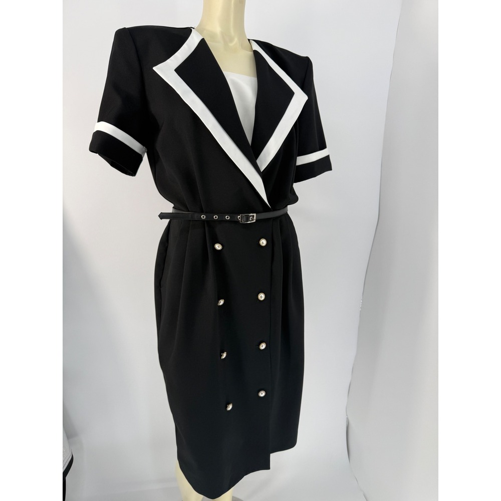 Vintage 80s Alexis Black White Colorblock‎ Secretary Dress Belted USA 11/12